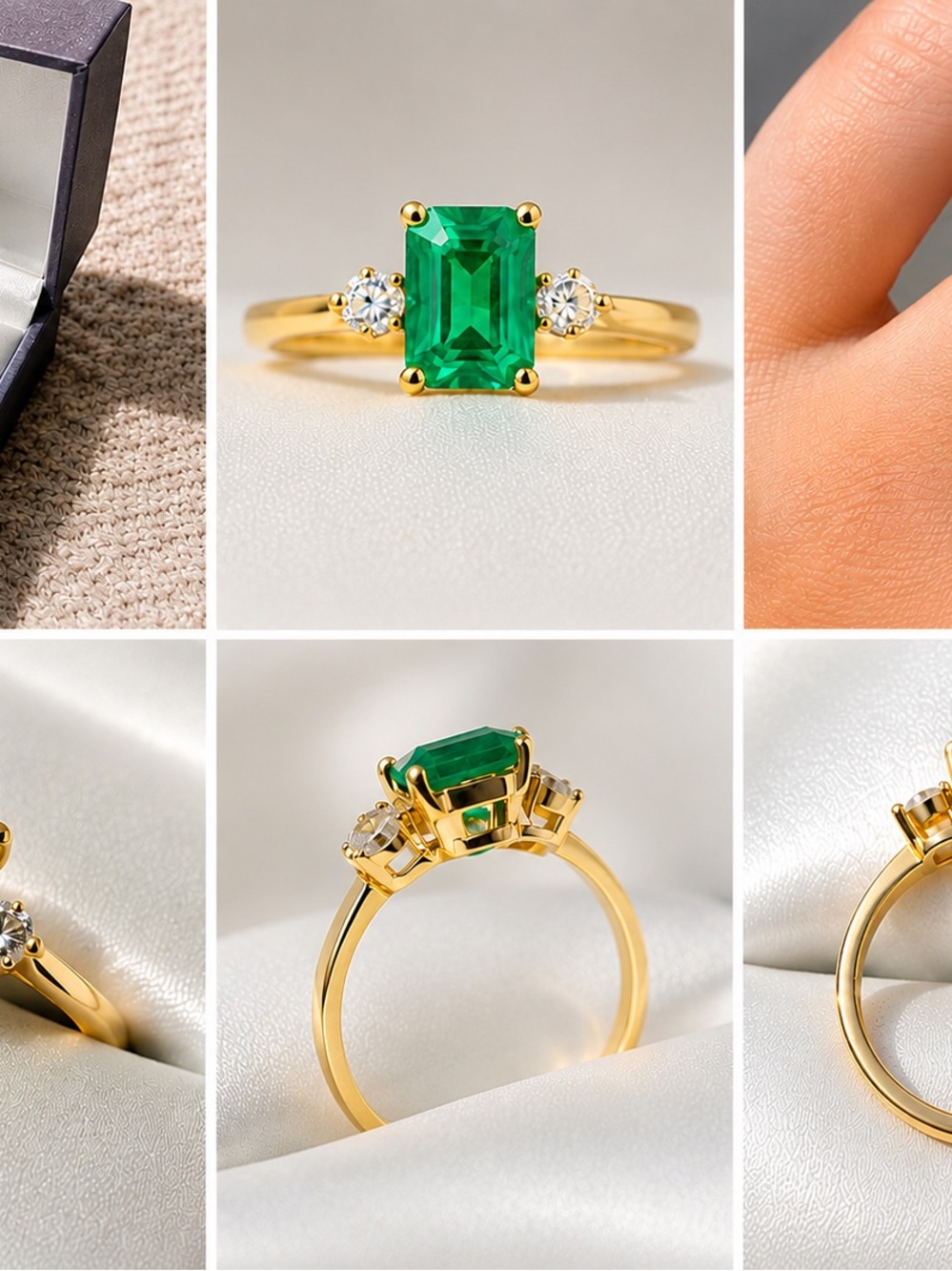 Gold Ring with Emerald Green Center and Side Stones - Women Jewelry